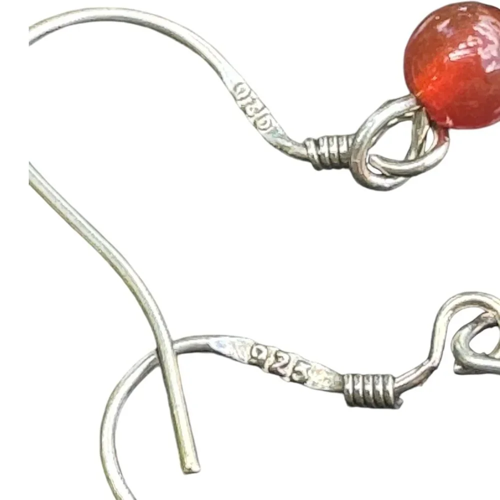 Vintage 925 Sterling Silver Dangle Earrings With Carnelian & Jade Beads Morocco - Picture 8 of 12